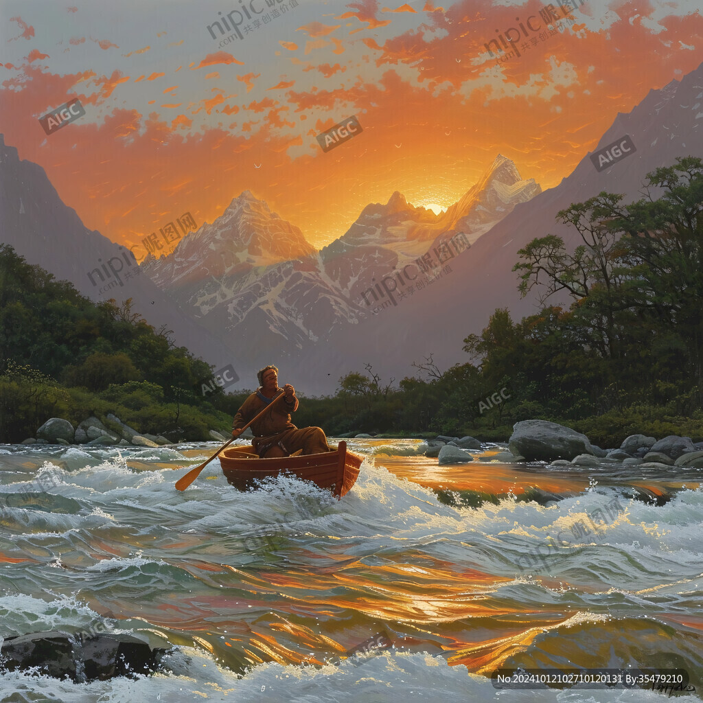 溪流小船白鶴落日山巒