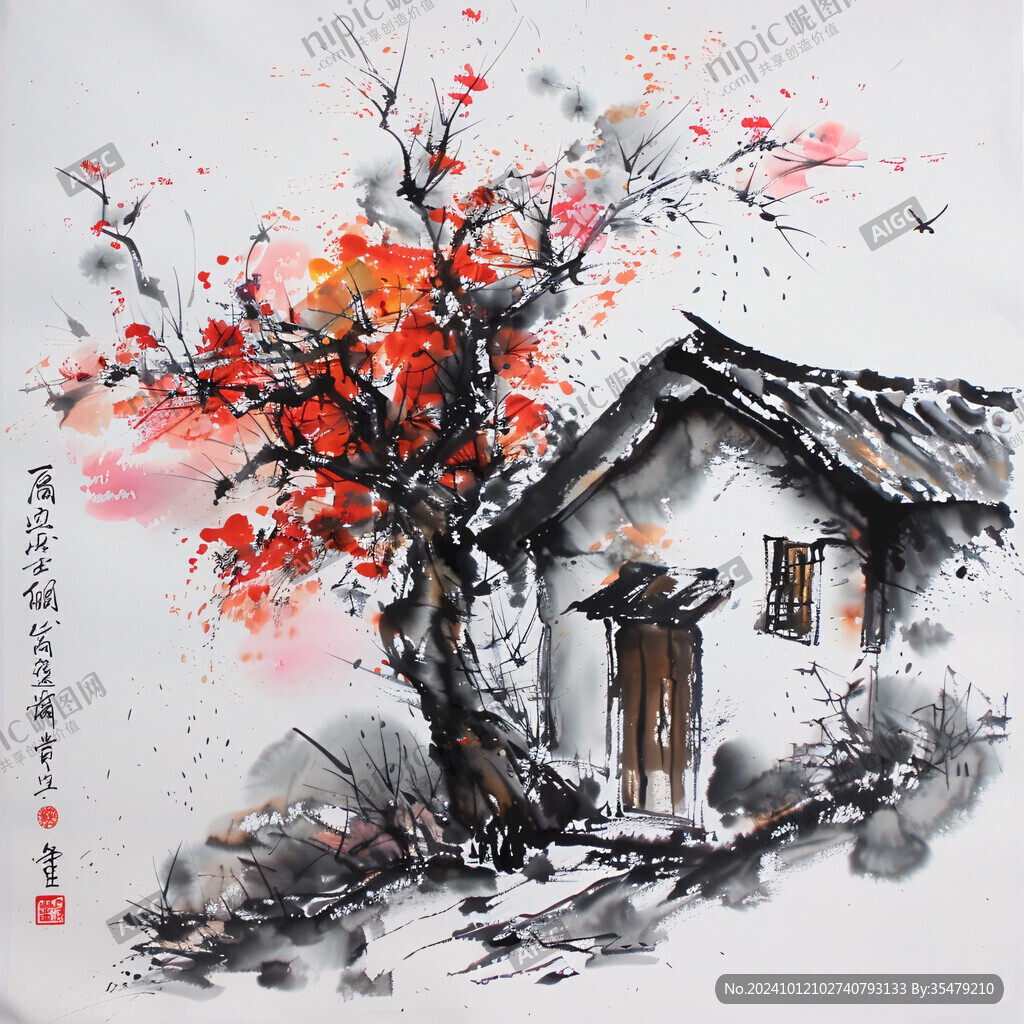 寫意國畫柿子樹