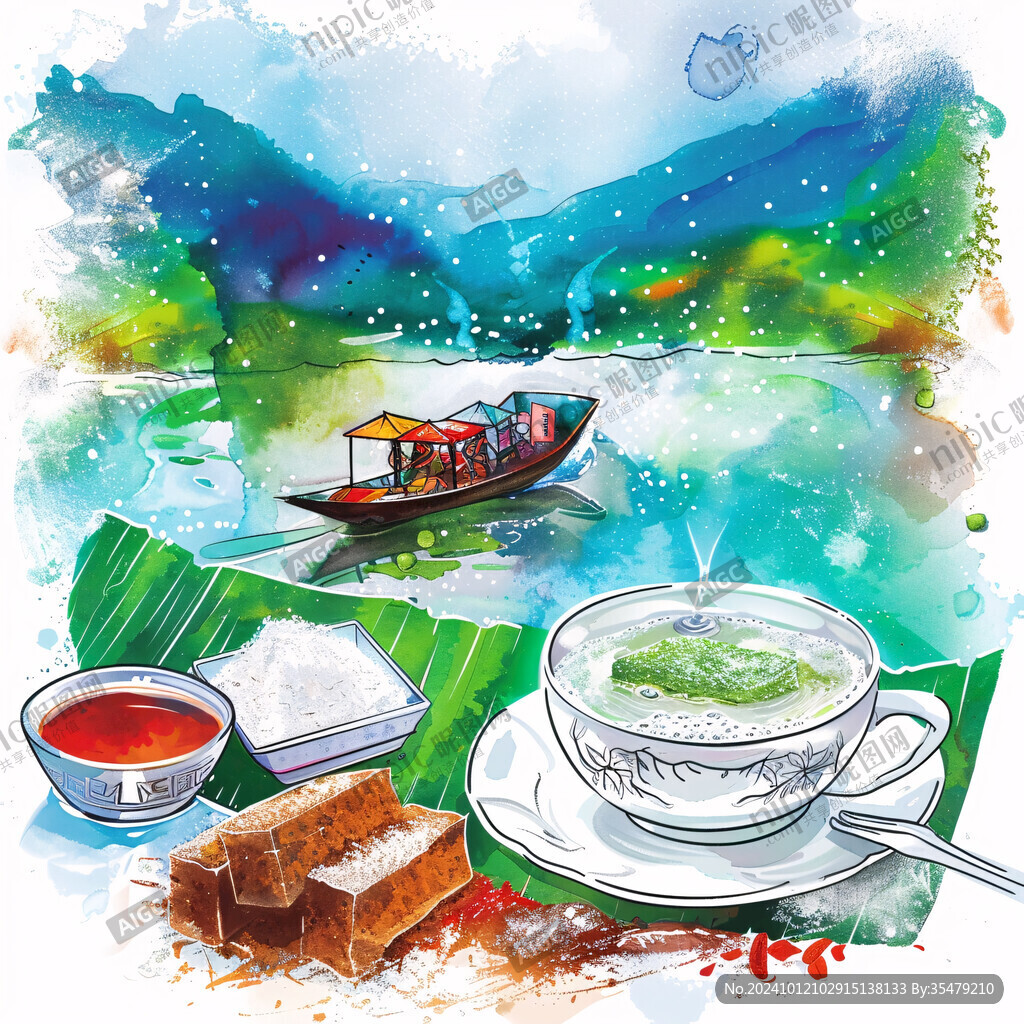 山水畫茶樹茶杯茶園