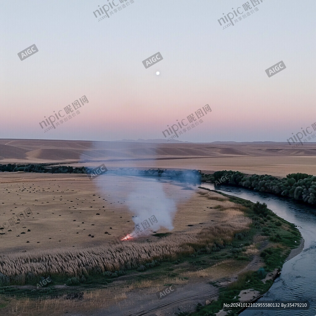 秋季草原河流晨霧