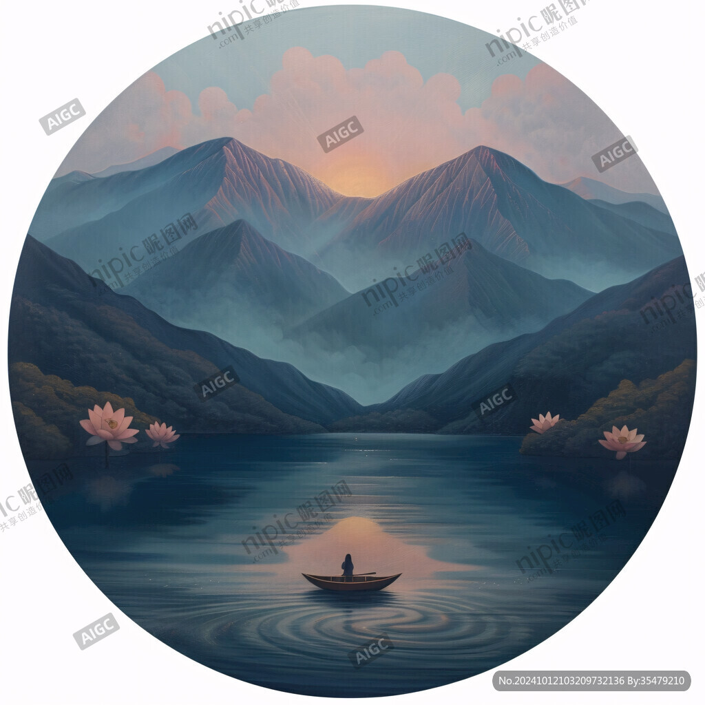 插畫山水湖