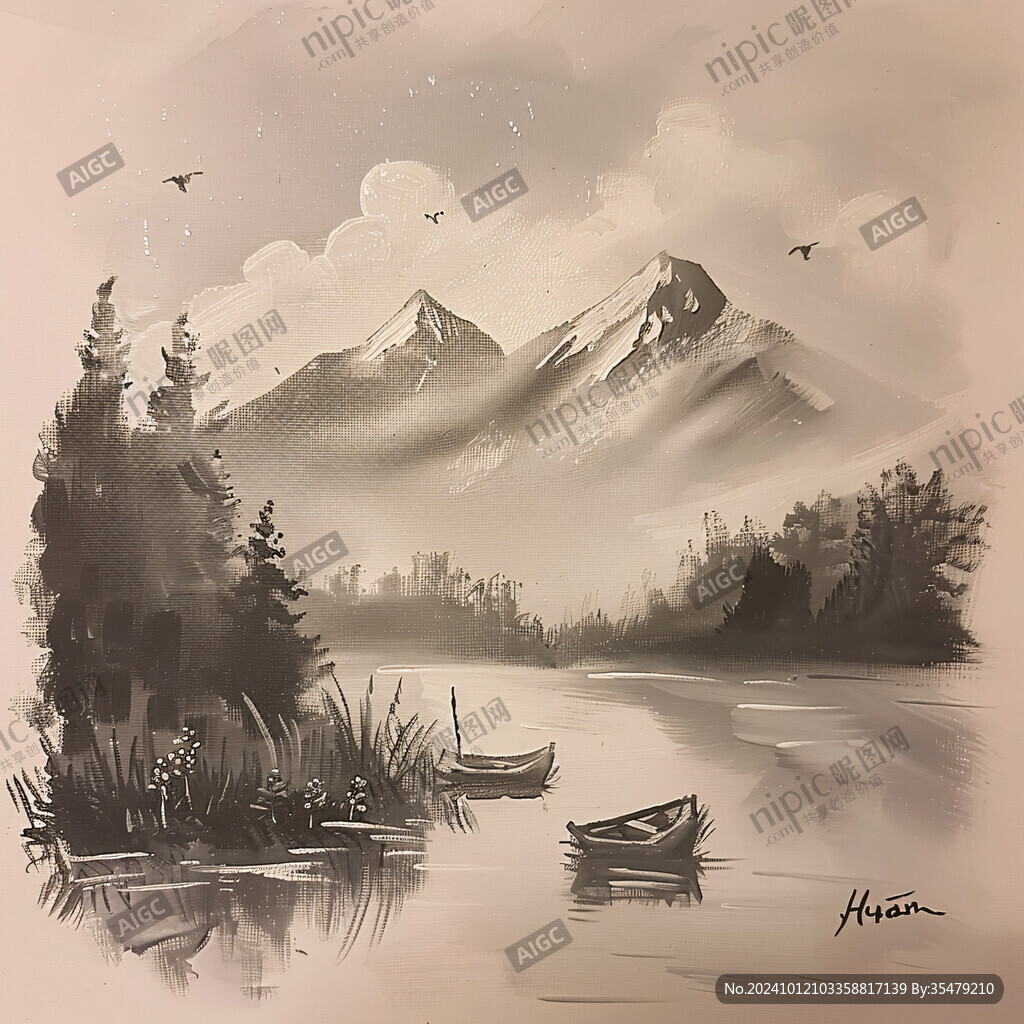 溪流小船白鶴落日山巒