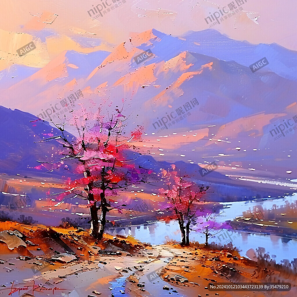 桃花風景油畫