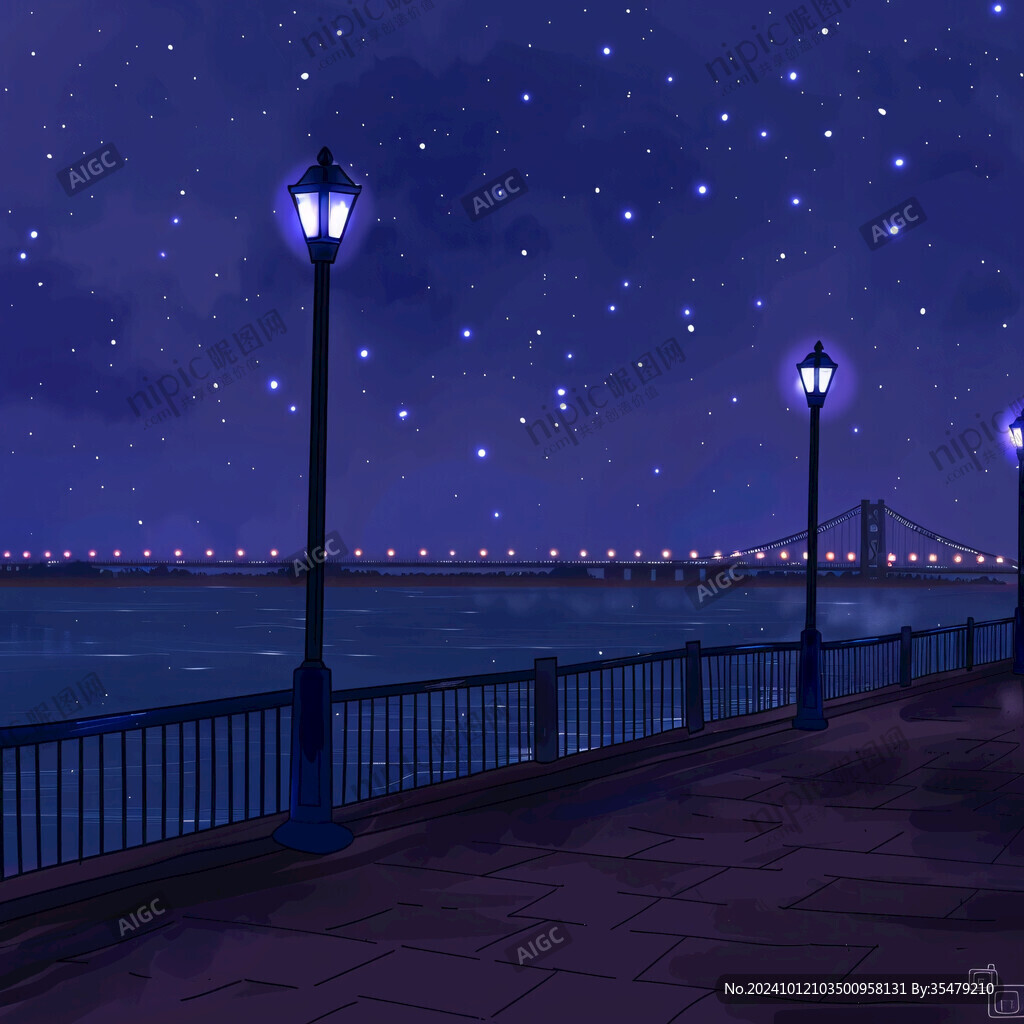 插畫夜景湖泊