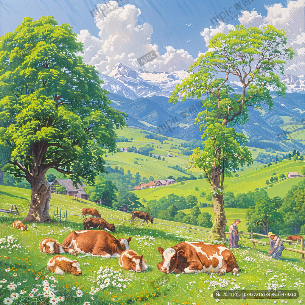山坡牧牛風(fēng)景畫