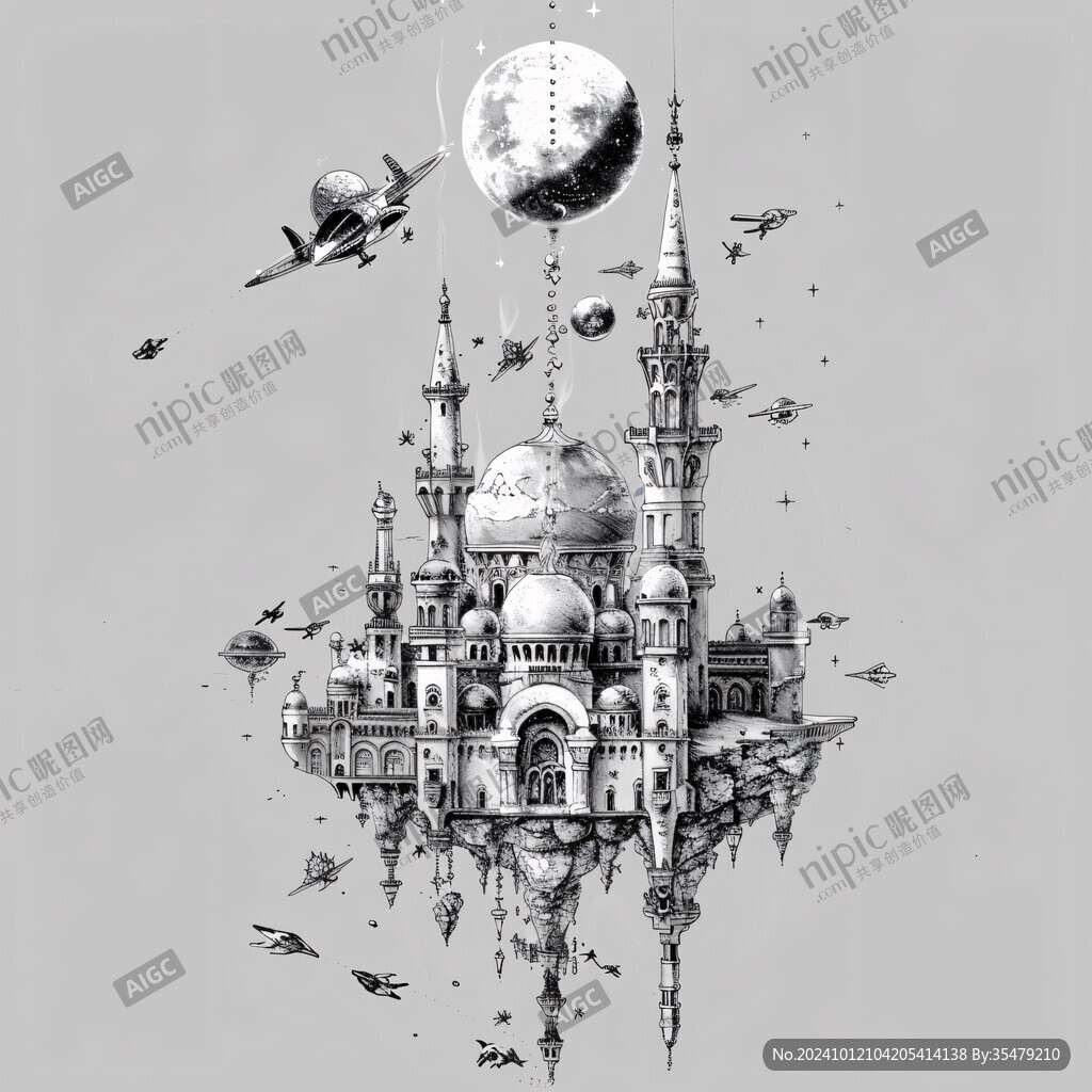 世界建筑插畫水墨