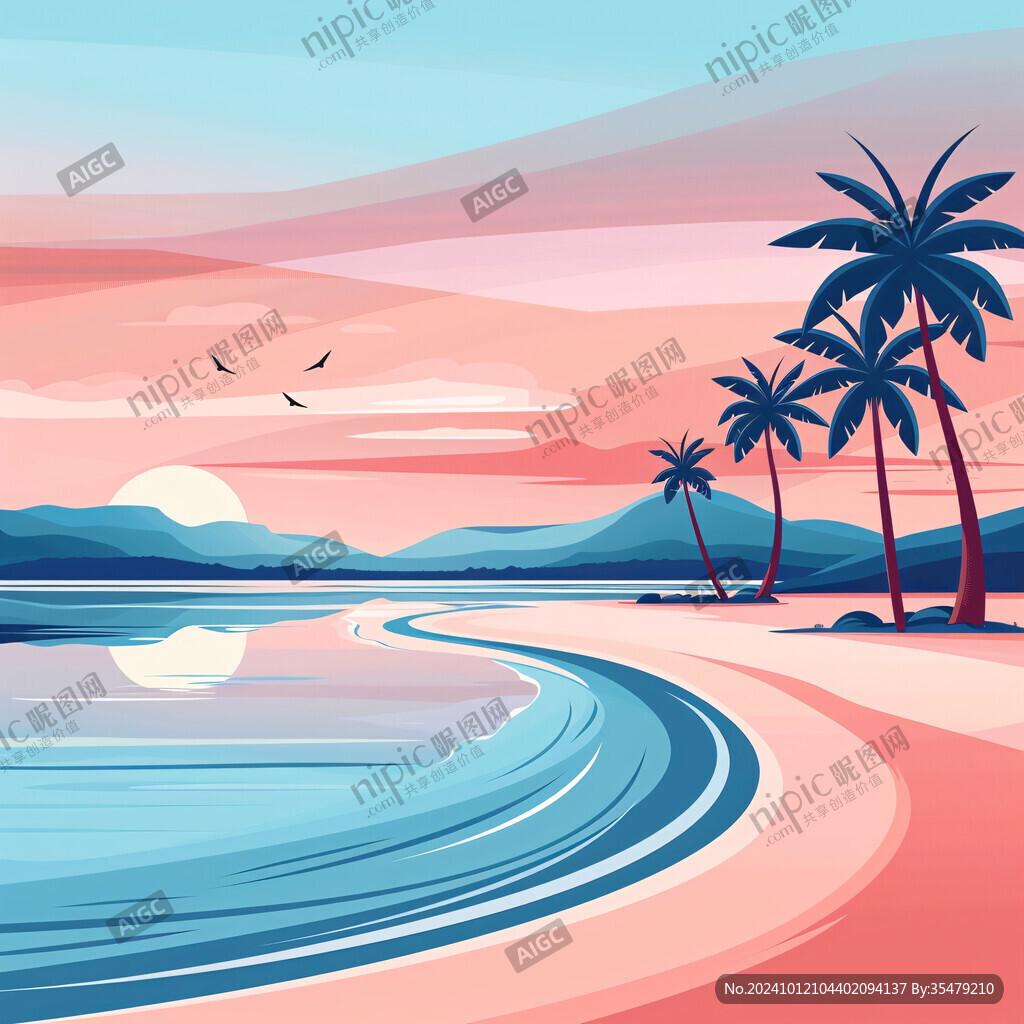 海邊落日插畫