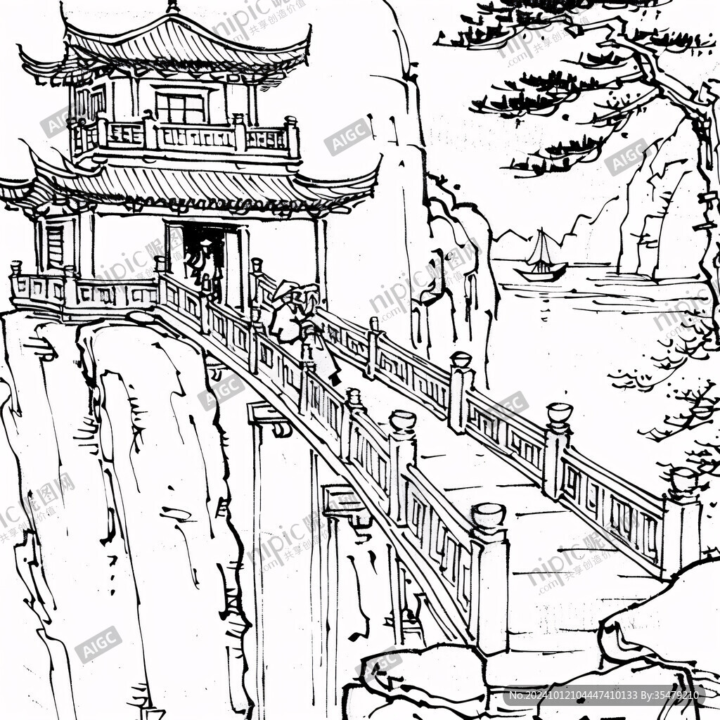 手繪線描山水樓閣亭臺