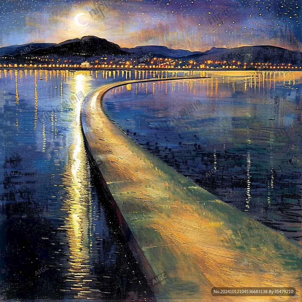插畫夜景湖泊