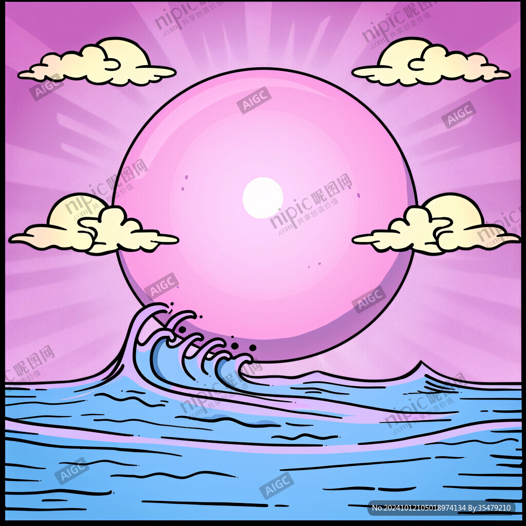 手繪海浪旭日東升