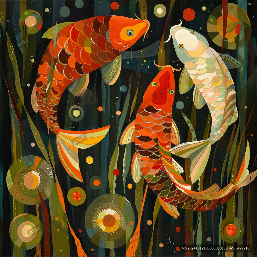 玄關(guān)九魚錦鯉插畫