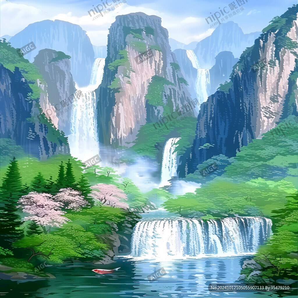 招財(cái)瀑布山水畫