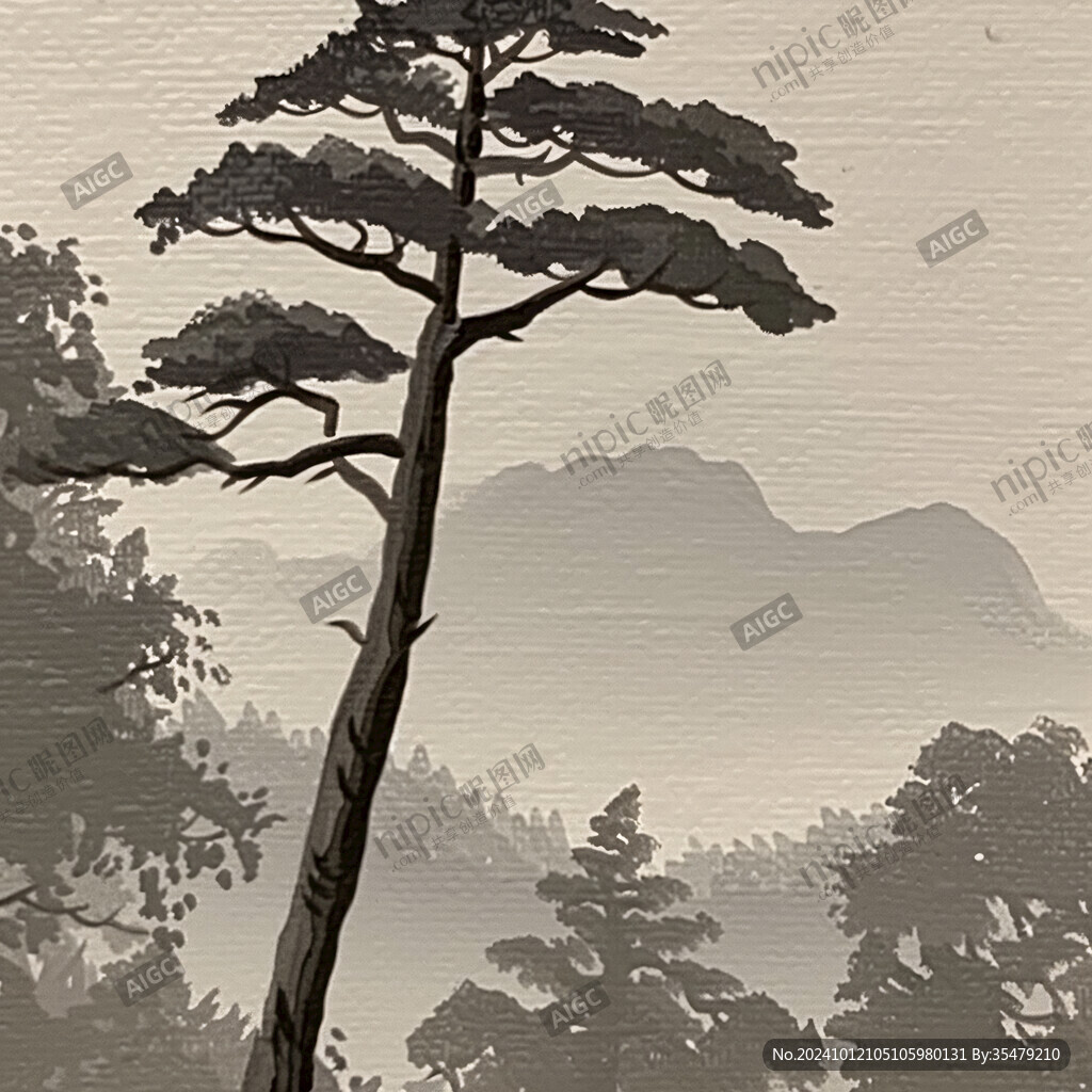 手繪工筆畫迎客松