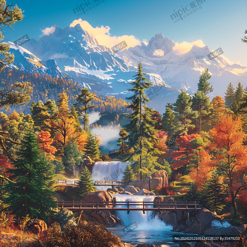 雪山森林河流圖