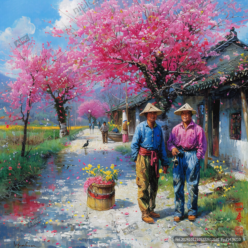 桃花風(fēng)景油畫