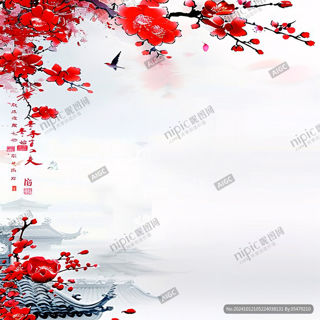 紅梅花鳥山水