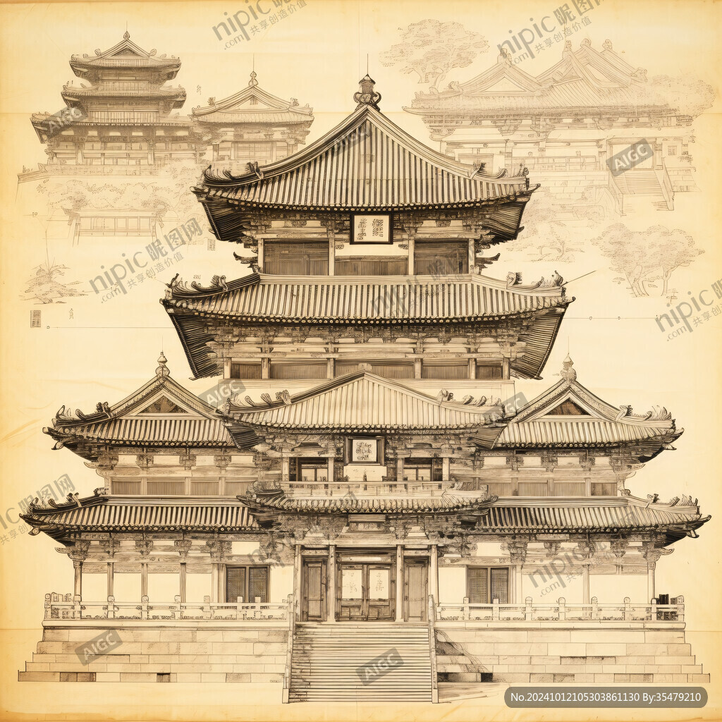 素描線稿古建海報素材