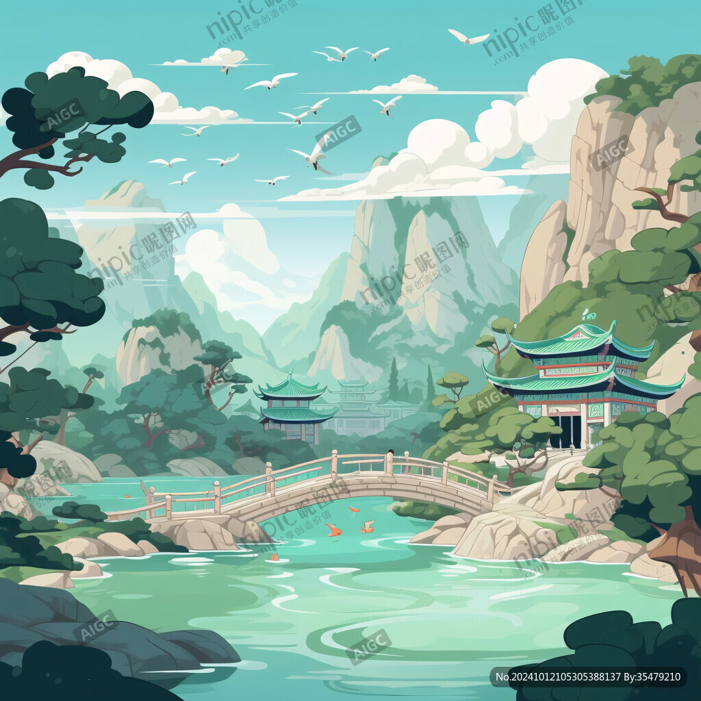 國潮建筑山水場景
