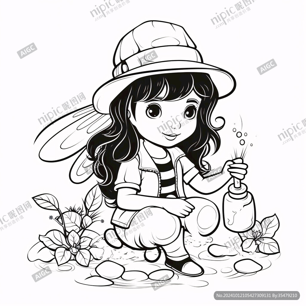 卡通可愛小女孩采木耳