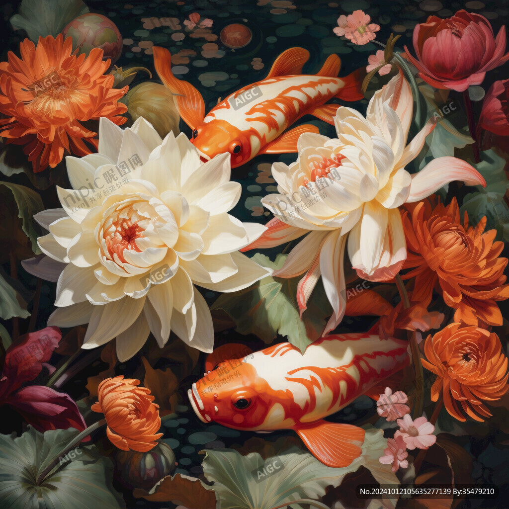 國潮荷花九魚插畫