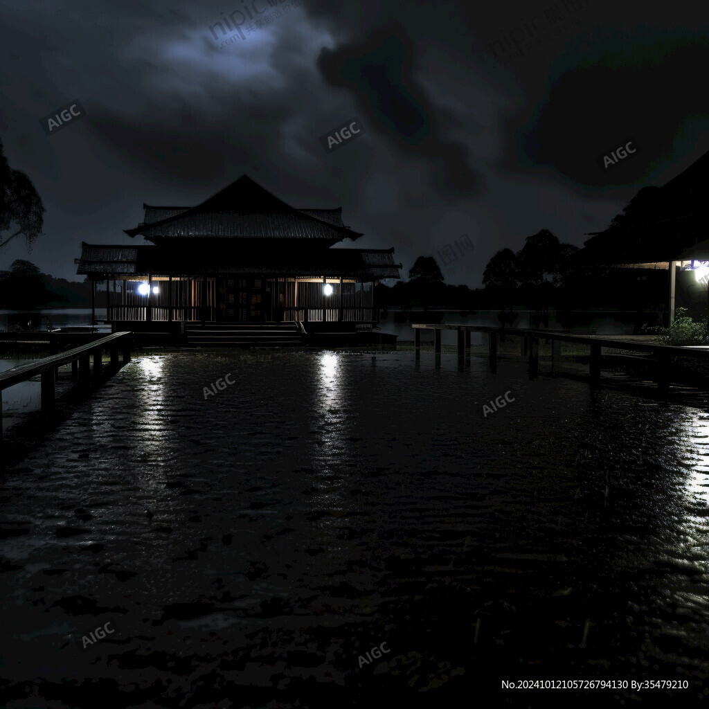 中式古代建筑雨景