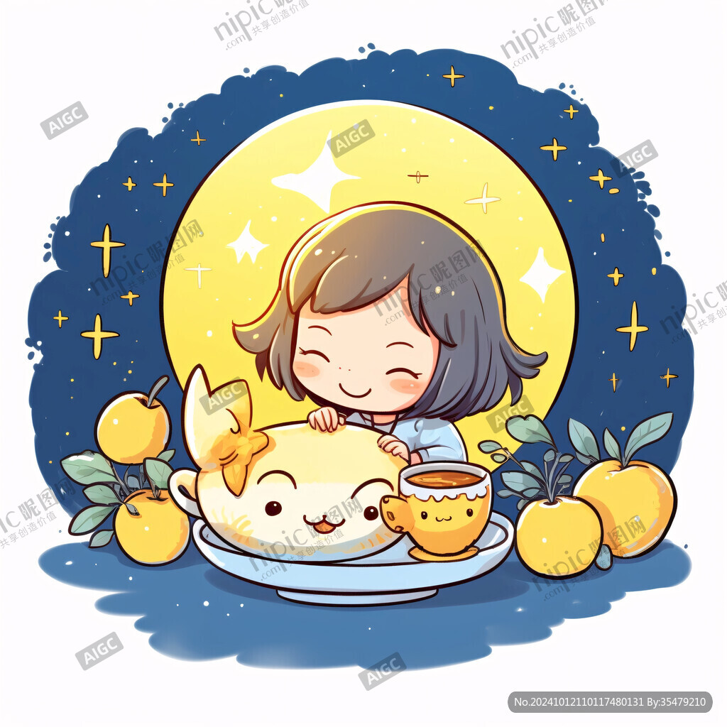 手繪吃月餅賞月小女孩