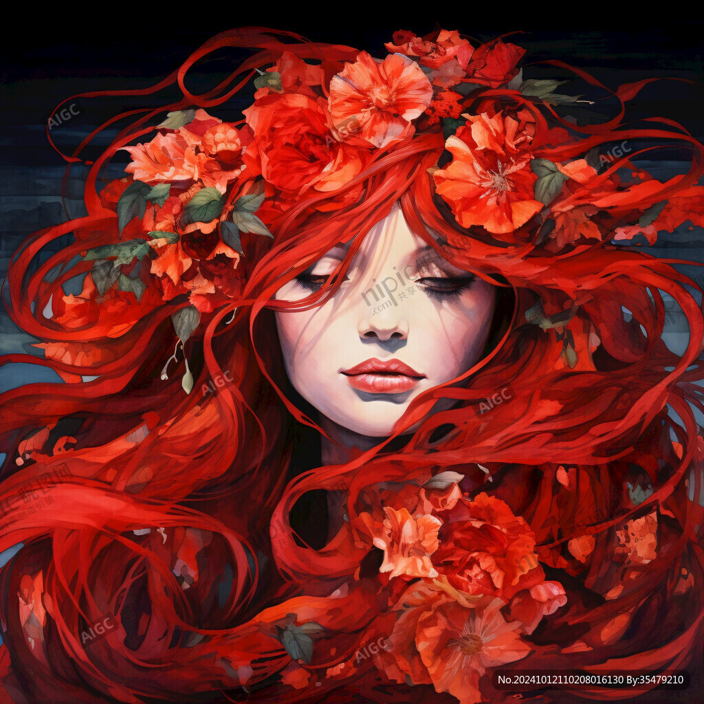 紅色頭花少女長(zhǎng)發(fā)