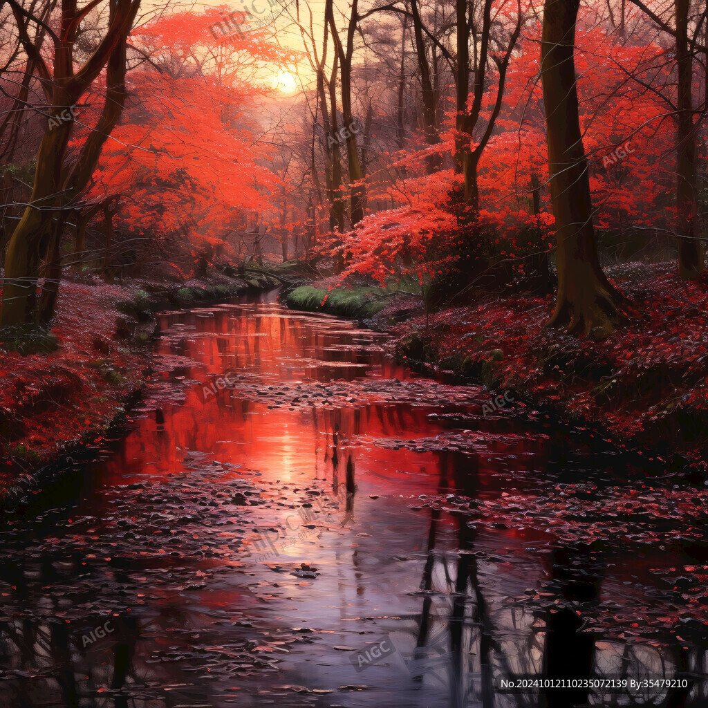 深林小溪紅葉