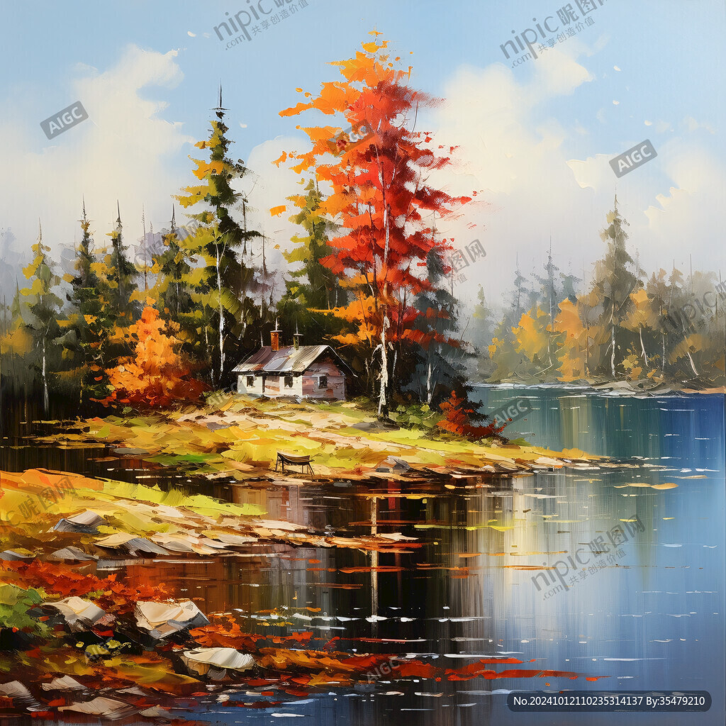 林中小屋油畫