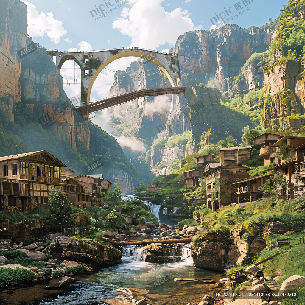 建筑溪流苗寨老橋小溪