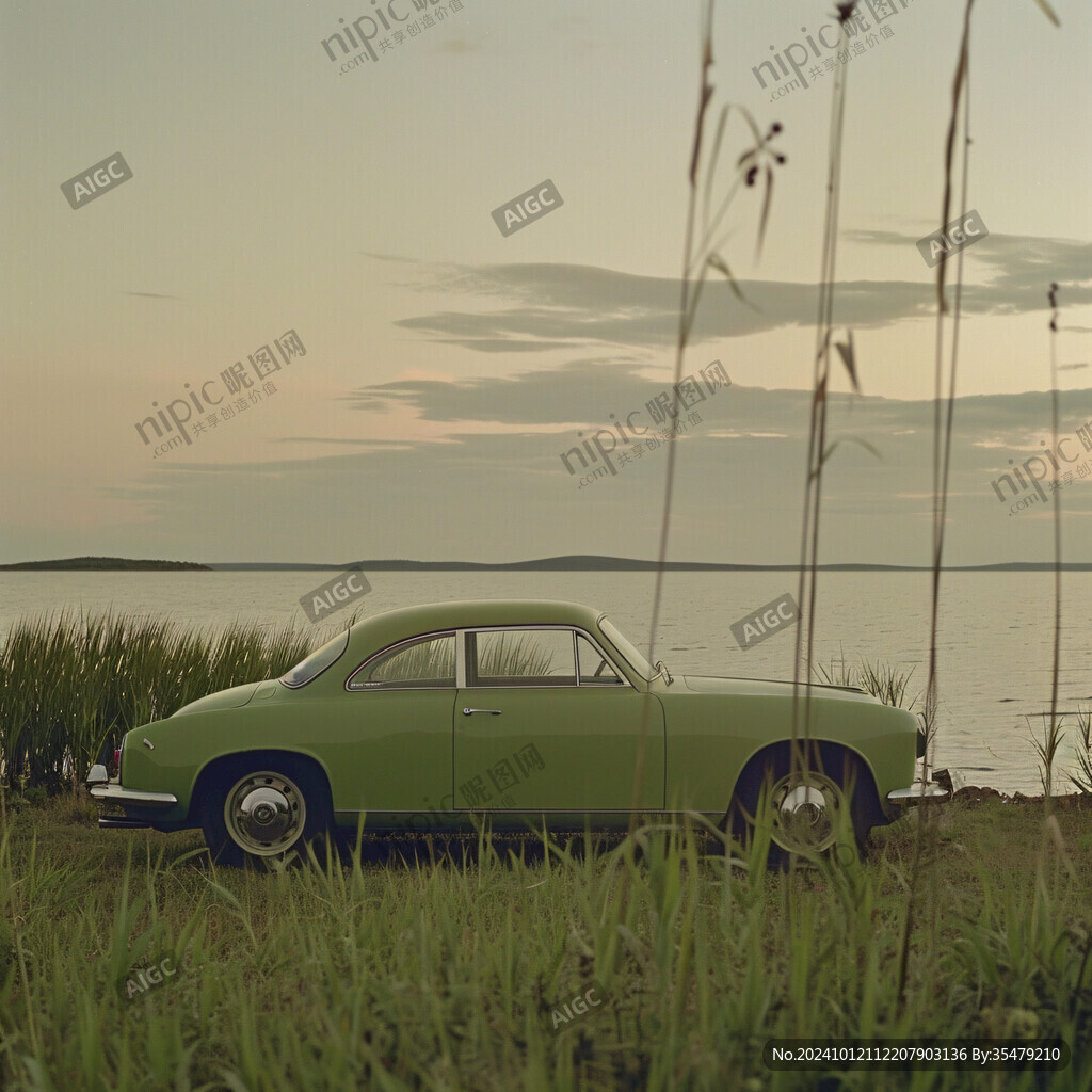 池塘邊轎車前景