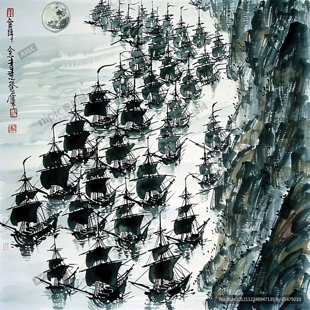 水墨風(fēng)景畫漁船