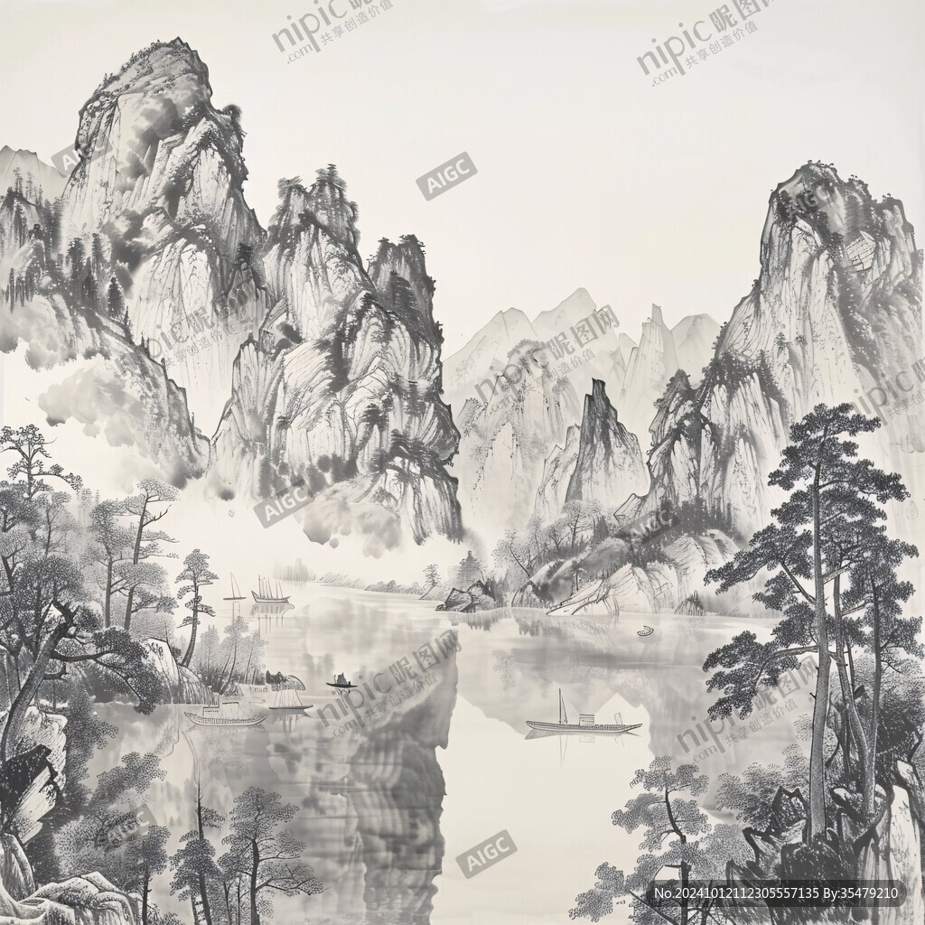 手繪古典工筆山水