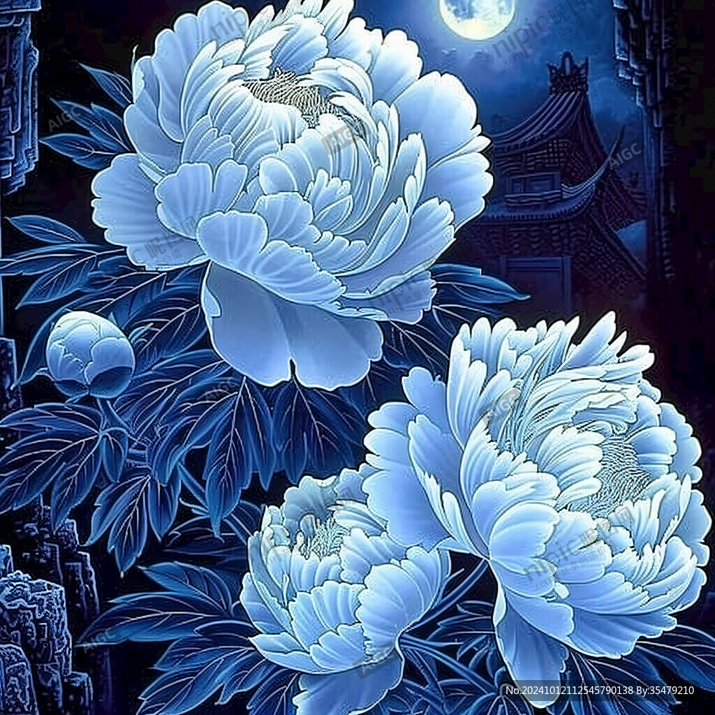 藍色唯美牡丹裝飾畫