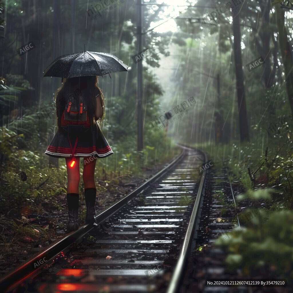 夜雨趕路的女人