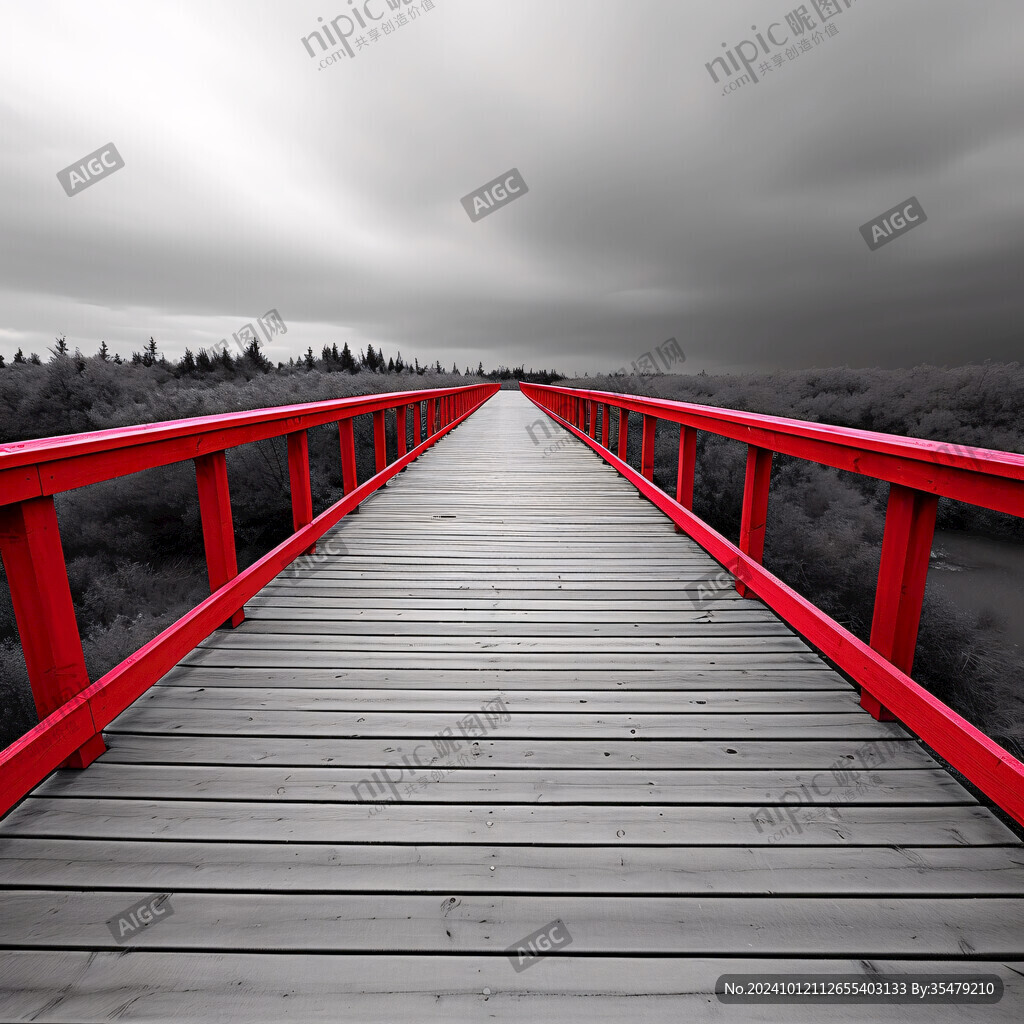 霧中紅色木橋