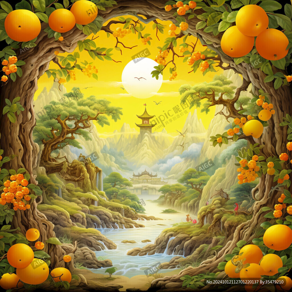 黃桃國潮山水插畫