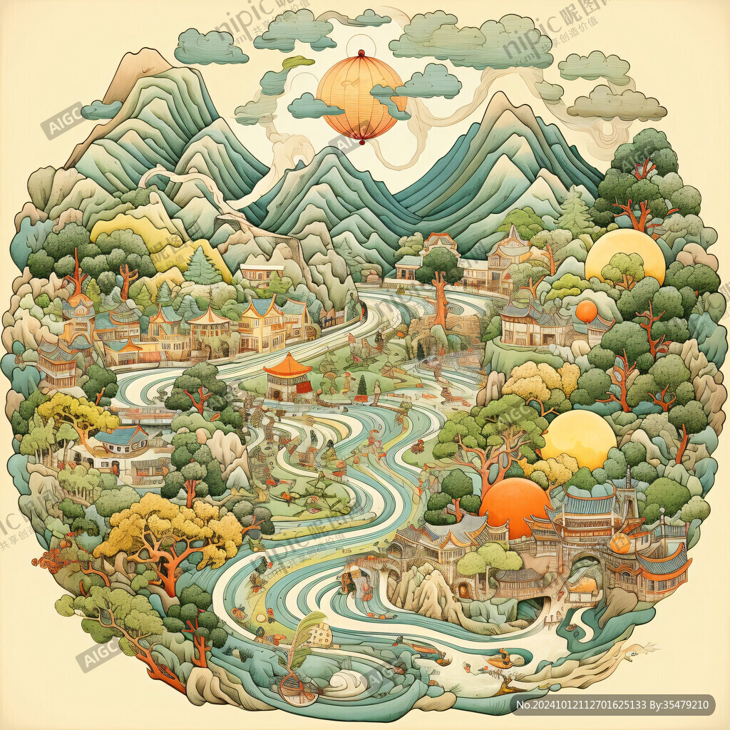 精細國潮山水插畫