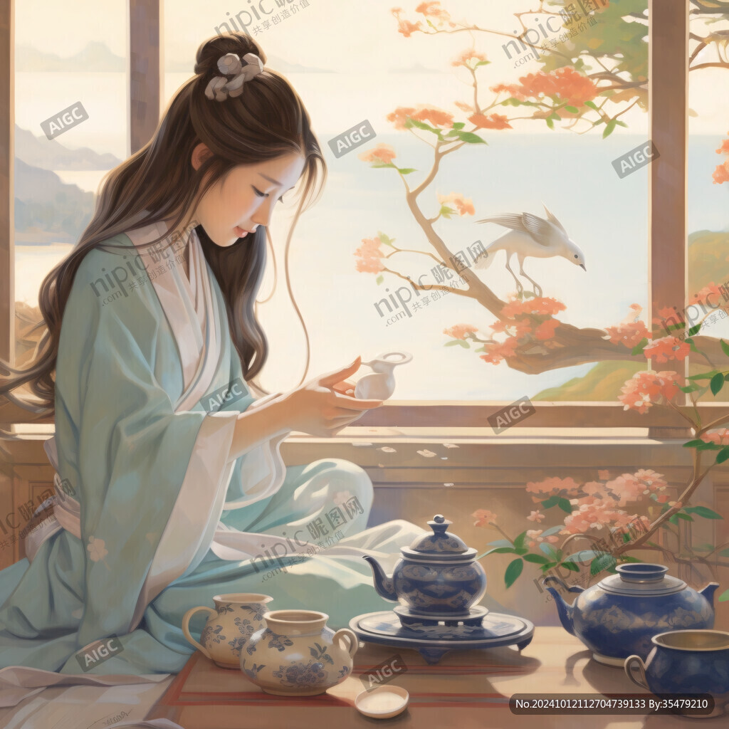 古風(fēng)美女喝茶品茶