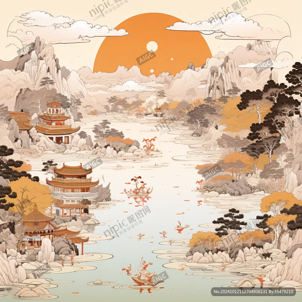 國潮建筑山水場景