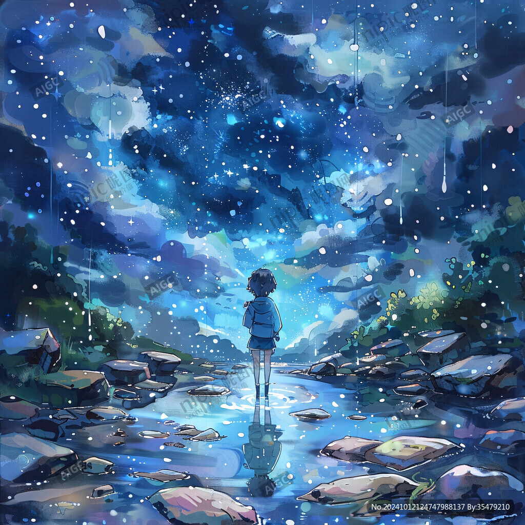 星空女孩插畫