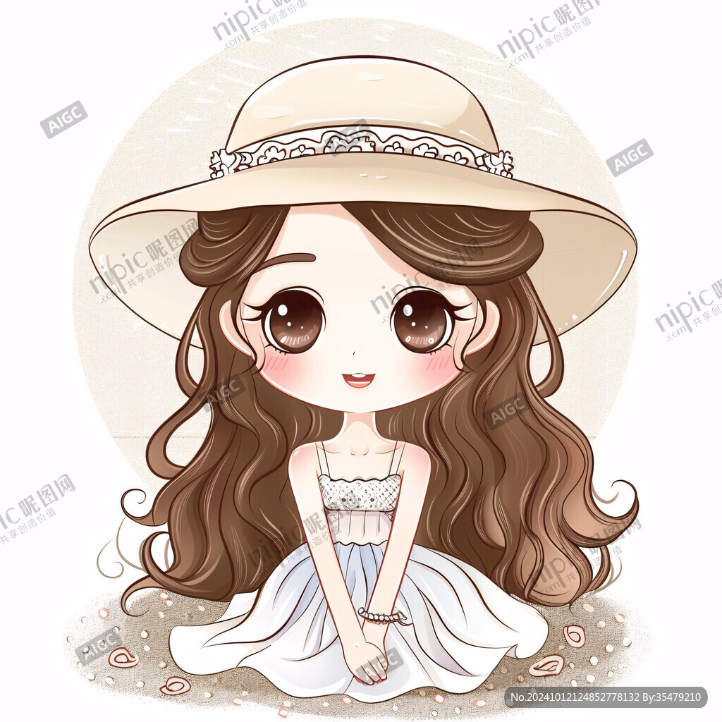手繪戴草帽的小女孩