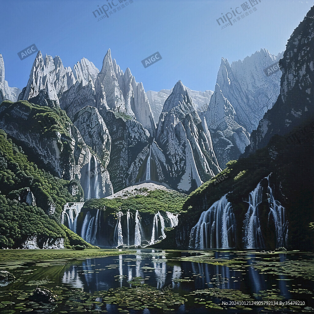 瀑布群山水畫