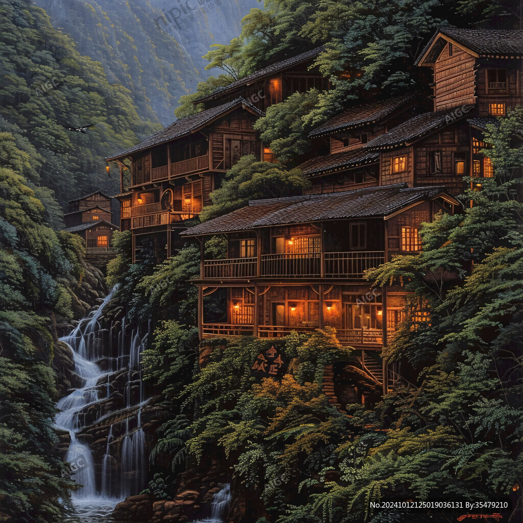 瀑布上的木屋