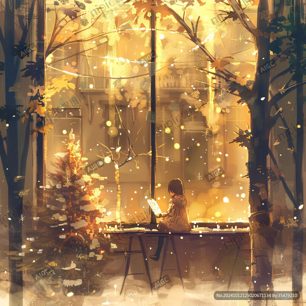 女孩看窗外雪景