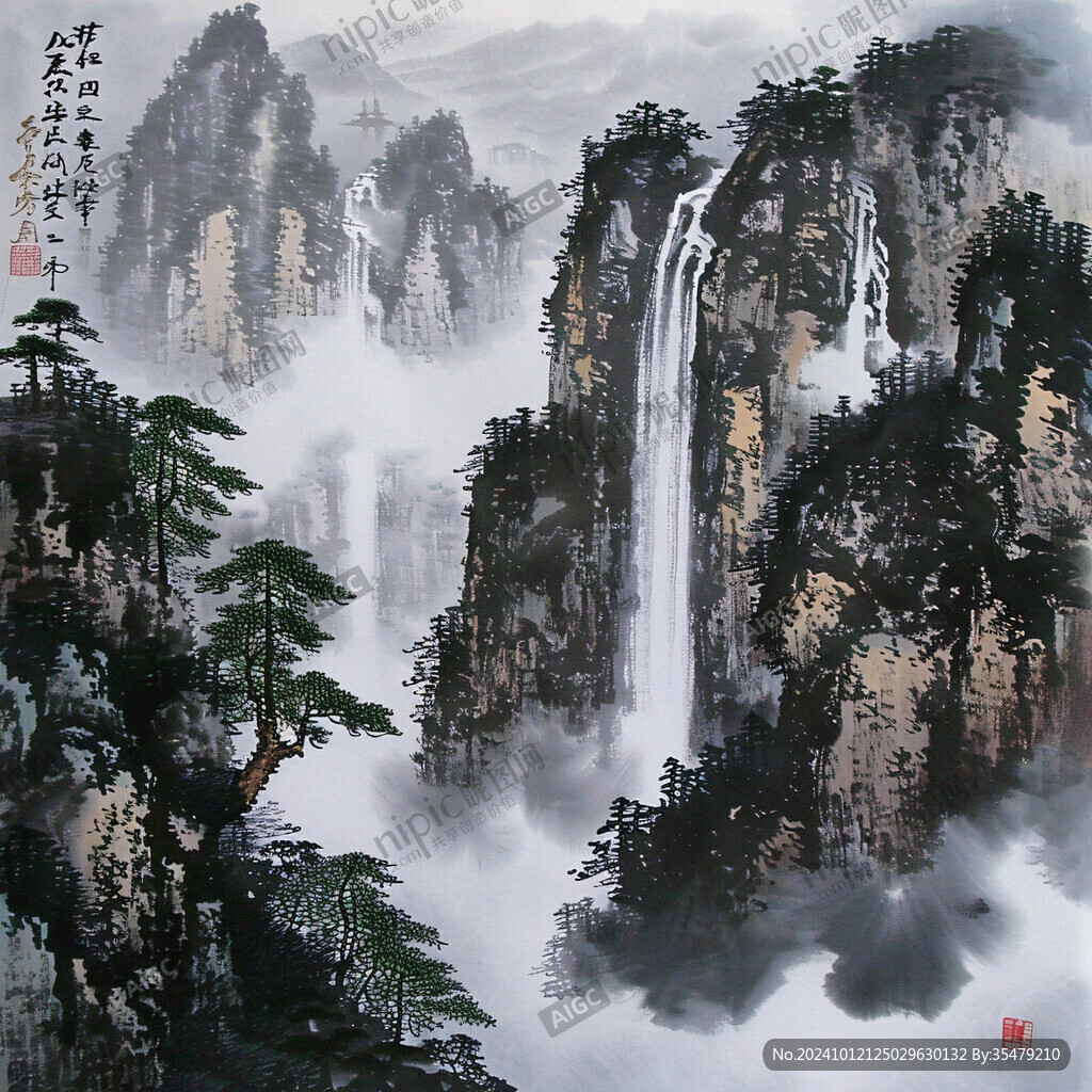 飛瀑山水畫