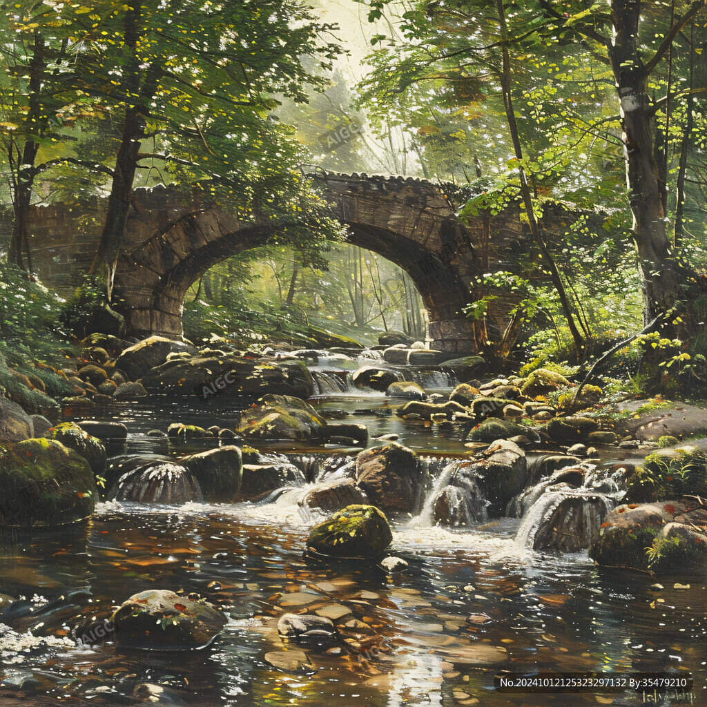 森林河流石拱橋
