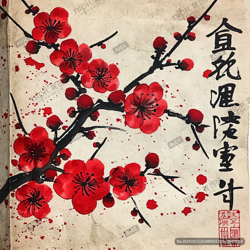 明信片手繪梅花插畫