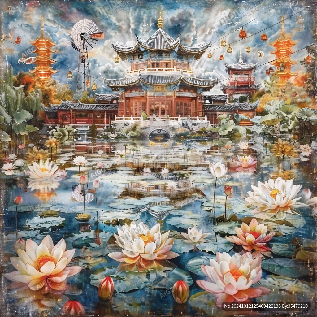古風亭臺樓閣油畫