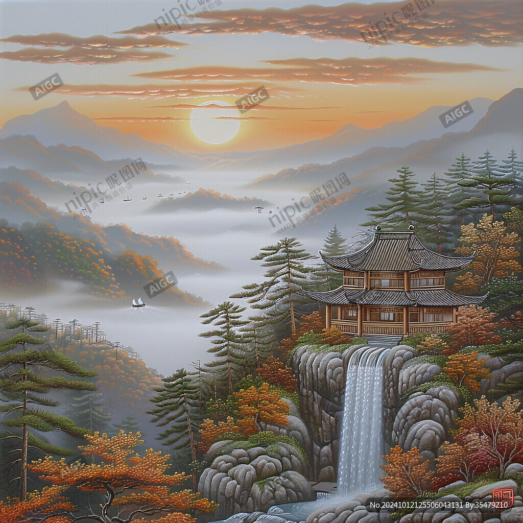 旭日東升樓閣山水畫